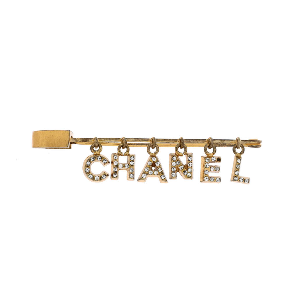 Chanel Logo Safety Pin Brooch Metal with Crystals